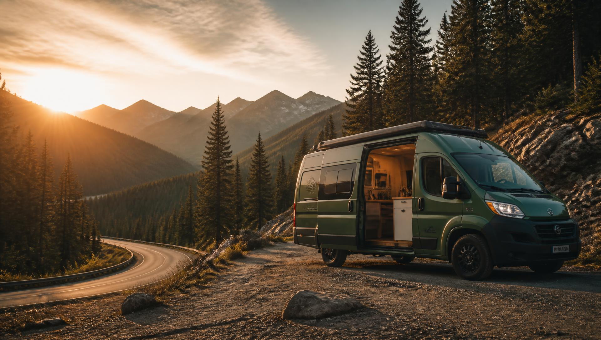 Furgoneta camper aparcada en un puerto de montaña al atardecer